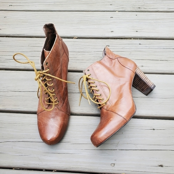 Vintage 90s y2k Brown Leather Lace Up Chunky Heel Victorian Granny Ankle Boot 10 - Picture 1 of 9